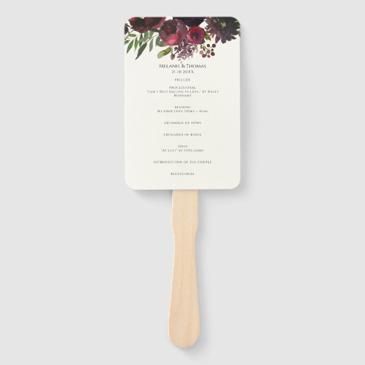 Marsala Wine Red Waterverf Floral Wedding Programm Handwaaier (Voorkant)