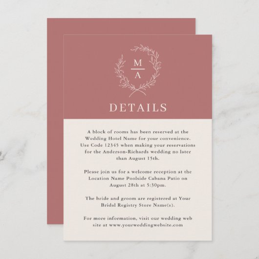 Marsala Wine Simple Elegant Monogram Details Informatiekaartje (Voorkant / Achterkant)