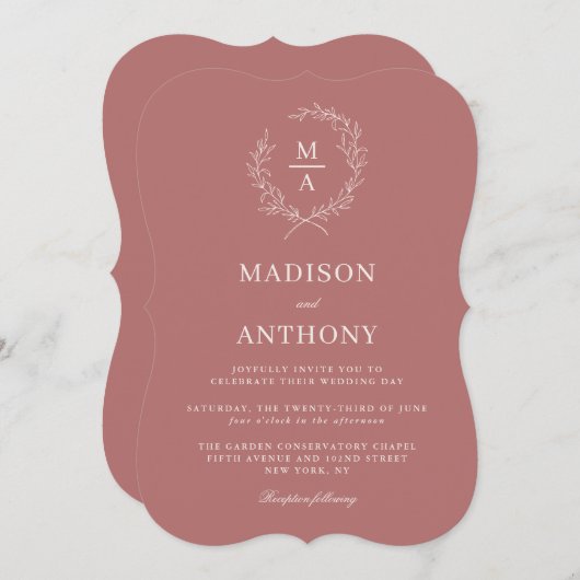Marsala Wine Simple Elegant Monogram Invitation Kaart (Voorkant / Achterkant)