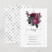 Marsala, Zwart en Zilveren Bloemen Bruiloft RSVP Kaartje (Voorkant / Achterkant)