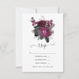 Marsala, Zwart en Zilveren Bloemen Bruiloft RSVP Kaartje