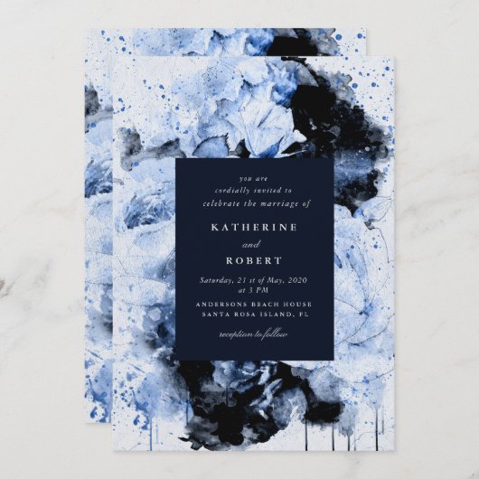 Marseille Blauw Abstract Bloemen Bruiloft Kaart (Voorkant / Achterkant)