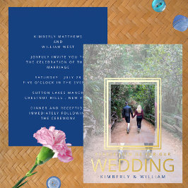 Marseille Blauw Moderne minimale foto bruiloft Folie Uitnodiging