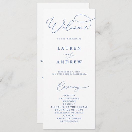 Marseille Blauw & Witte Elegeante Minimalistische Programmakaart (Voorkant / Achterkant)