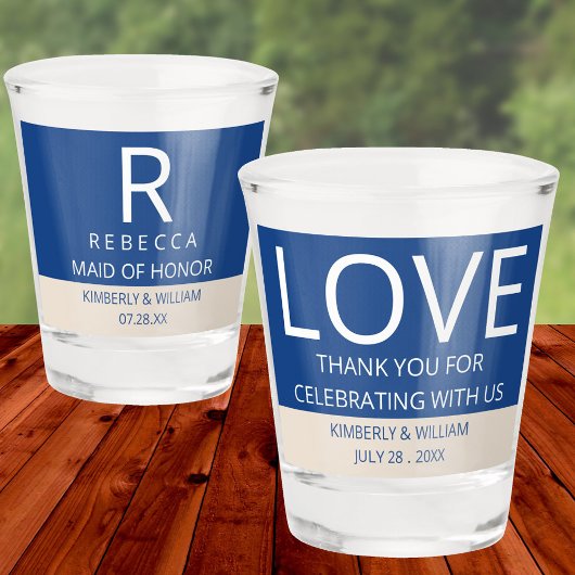 Marseille bleu chique bruiloft monogram gunsten shot glas