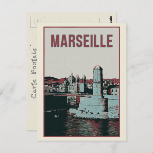 Marseille Cathedral en havenillustratie Frankrijk Briefkaart (Voorkant / Achterkant)