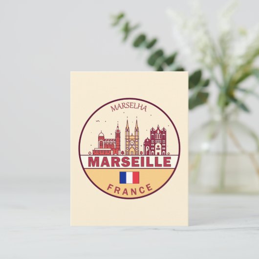 Marseille France City Skyline Emblem Briefkaart (Staand voorkant)