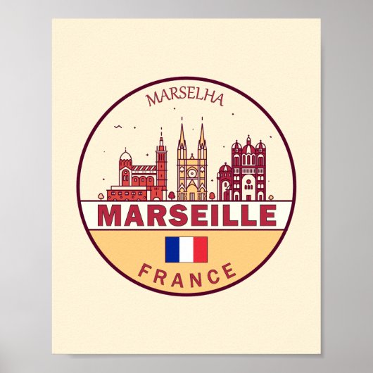 Marseille France City Skyline Emblem Poster (Voorkant)