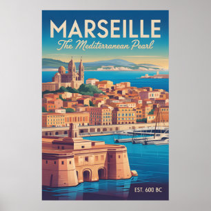 Marseille Frankrijk Retro Stijl Stadsgezicht Reize Poster
