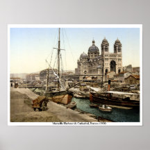 Marseille Harbour & Cathedral 1900 antiek Frankrij