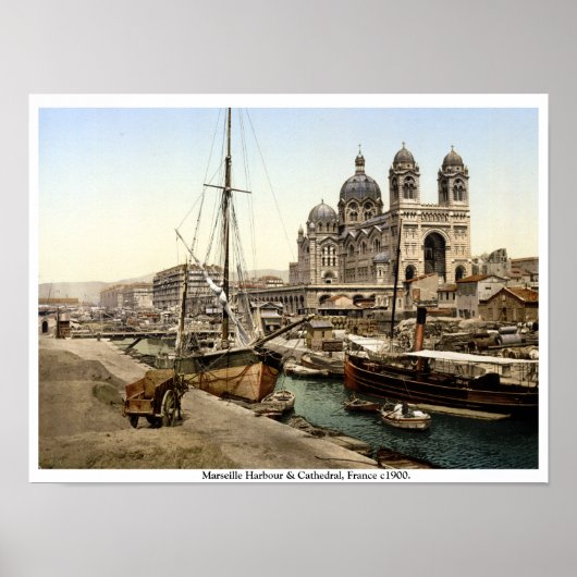 Marseille Harbour & Cathedral 1900 antiek Frankrij Poster (Voorkant)