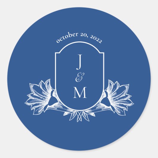 Marseilles bleu bloemenbruiloft monogram kuif ronde sticker (Voorkant)