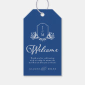 Marseilles bleu bruiloft monogram crest welkom cadeaulabel (Voorkant)