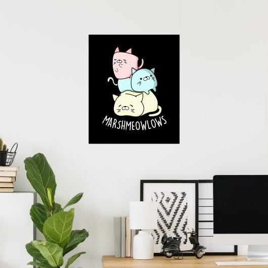 Marsh-meow-lows Funny Cat Marshmallow Pun Dark BG Poster (Thuiskantoor)