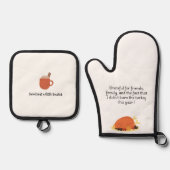 Marshmallow en pompoen met grappige citaten ovenwant & pannenlap set (Voorkant)