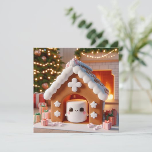 Marshmallow Gingerbread House Christmas Kaart (Staand voorkant)