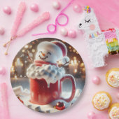 Marshmallow sneeuwman in warme chocolademelk papieren bordje (Feest)