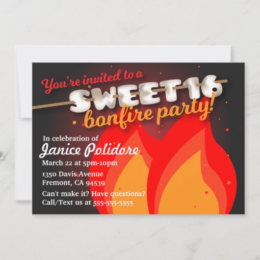 Marshmallow Sweet 16 Uitnodiging van de Bonfire Pa (Voorkant)