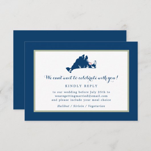 Marthas Vineyard Blue Map met Heart Wedding RSVP (Voorkant / Achterkant)