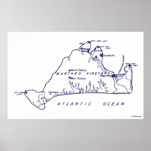 Martha's Vineyard  Map #1 Navy Blue Poster (Voorkant)