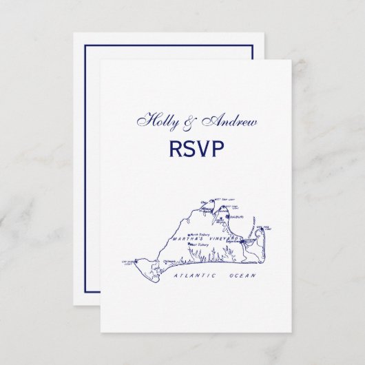 Martha's Vineyard  Map #1 Navy Blue RSVP Kaartje (Voorkant / Achterkant)