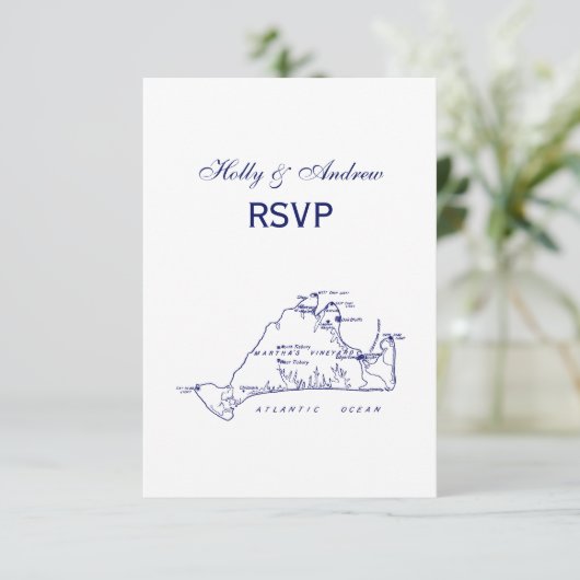 Martha's Vineyard  Map #1 Navy Blue RSVP Kaartje (Staand voorkant)