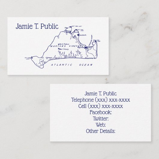 Martha's Vineyard  Map #1 Navy Blue Visitekaartje (Voorkant / Achterkant)