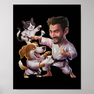 Martial Artist met karate hond en kat in actie G Poster