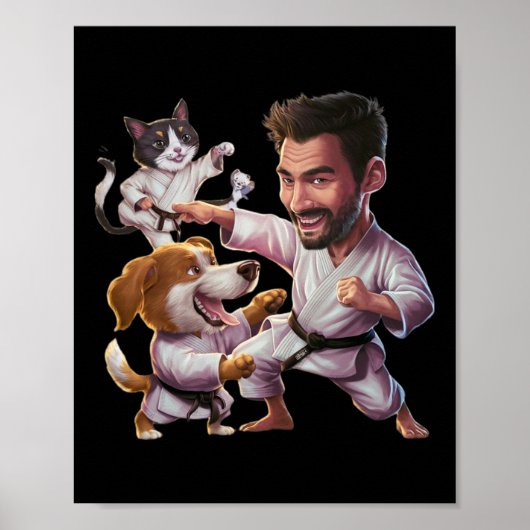 Martial Artist met karate hond en kat in actie G Poster (Voorkant)