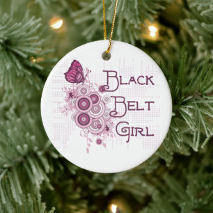 Martial Arts Black Belt Girl Pink Butterflies Keramisch Ornament