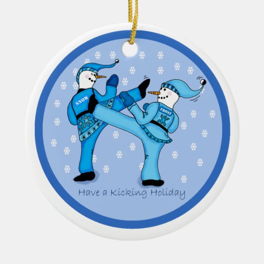Martial Arts Snowmen voor kerstversiering Keramisch Ornament (Voorkant)