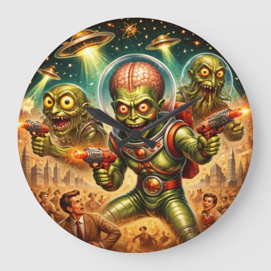 Martian Mayhem Retro Sci-Fi Grote Klok (Voorkant)