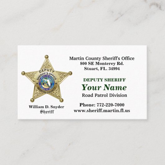 Martin County Sheriff's Kantoor Kaart. Visitekaartje (Voorkant)