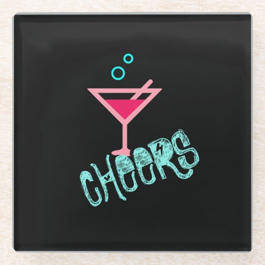 Martini - Alcohol Drink Pop Art, Roze & Turquoise Glazen Onderzetter (Voorkant)