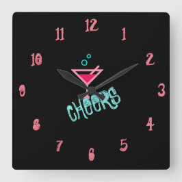 Martini - Alcohol Drink Pop Art, Roze & Turquoise Vierkante Klok