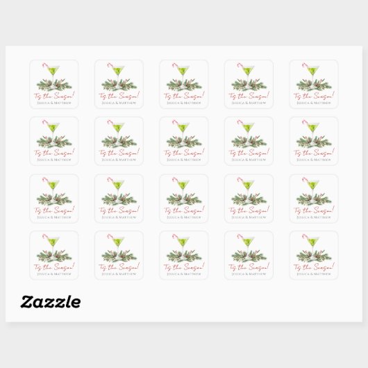 Martini and Mistletoe Candy Cane Cocktail Couples Vierkante Sticker (Vel)