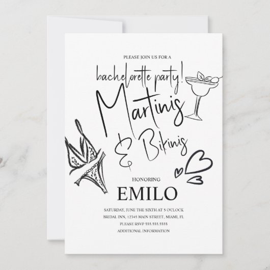 Martini Bikini Doodles Beach Bachelorette’s Feest Kaart (Voorkant)