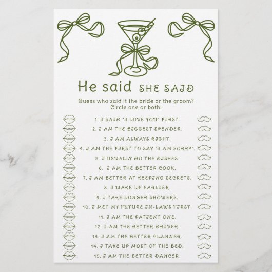 Martini-boog bruidsdouche Hij zei dat zij zei spel (Voorkant)