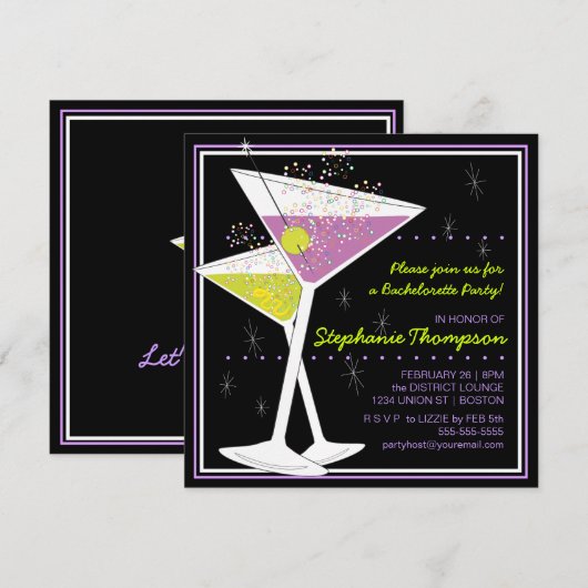 Martini Cocktail Bachelorette Party Invitation Kaart (Voorkant / Achterkant)