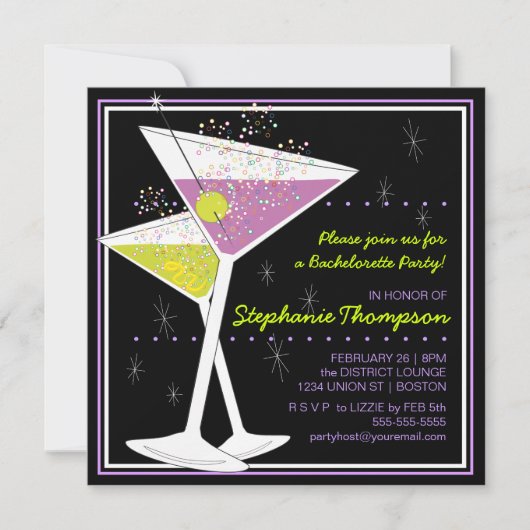 Martini Cocktail Bachelorette Party Invitation Kaart (Voorkant)