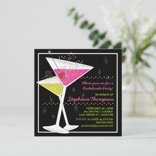 Martini Cocktail Bachelorette Party Invitation Kaart (Staand voorkant)