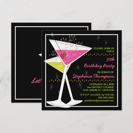 Martini Cocktail Birthday Party Invitation Kaart (Voorkant / Achterkant)