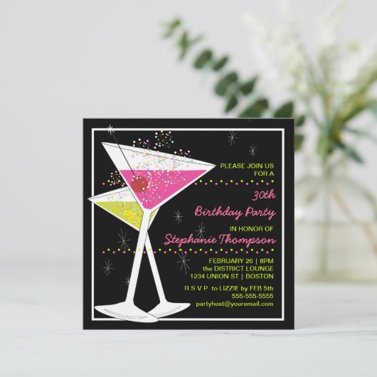 Martini Cocktail Birthday Party Invitation Kaart (Staand voorkant)