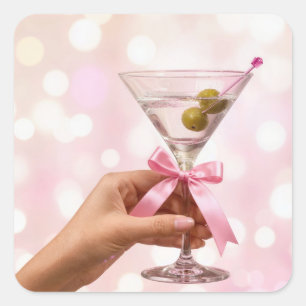 Martini Cocktail met Roze Satijnen Strik Vierkante Sticker