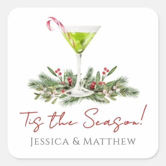 Martini en maretak-candy cane cocktail voor koppel vierkante sticker (Voorkant)