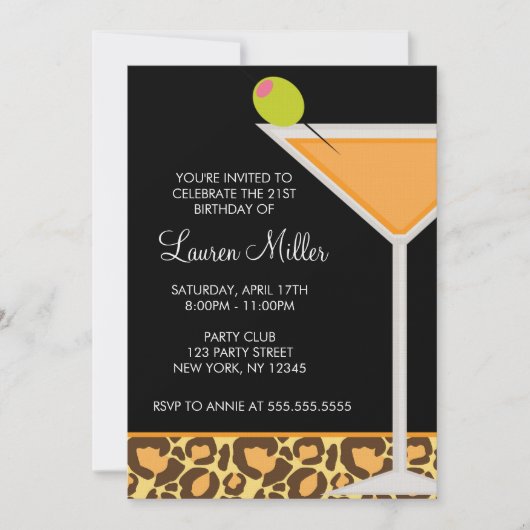 Martini Glass en Leopard Print Invitations Kaart (Voorkant)