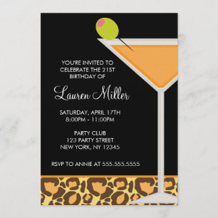 Martini Glass en Leopard Print Invitations Kaart