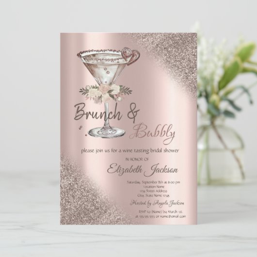 Martini Heart Glitter Bokeh Brunch & Bubbly Kaart (Staand voorkant)