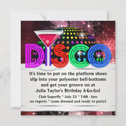 Martini Mirror Ball Disco Party Kaart (Achterkant)