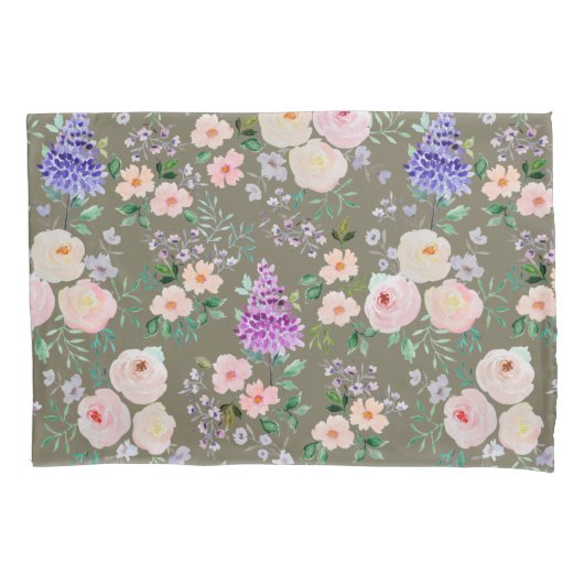 Martini Olive Green Waterverf Floral Kussensloop (Voorkant)